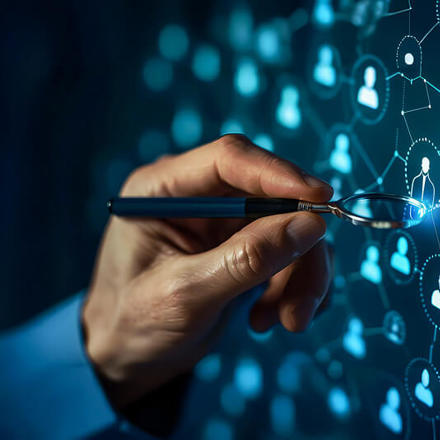 A hand holds a magnifying glass over a digital network display with icons representing people connected by lines, symbolising social or professional networking and data analysis. The background is dark with a blue hue.