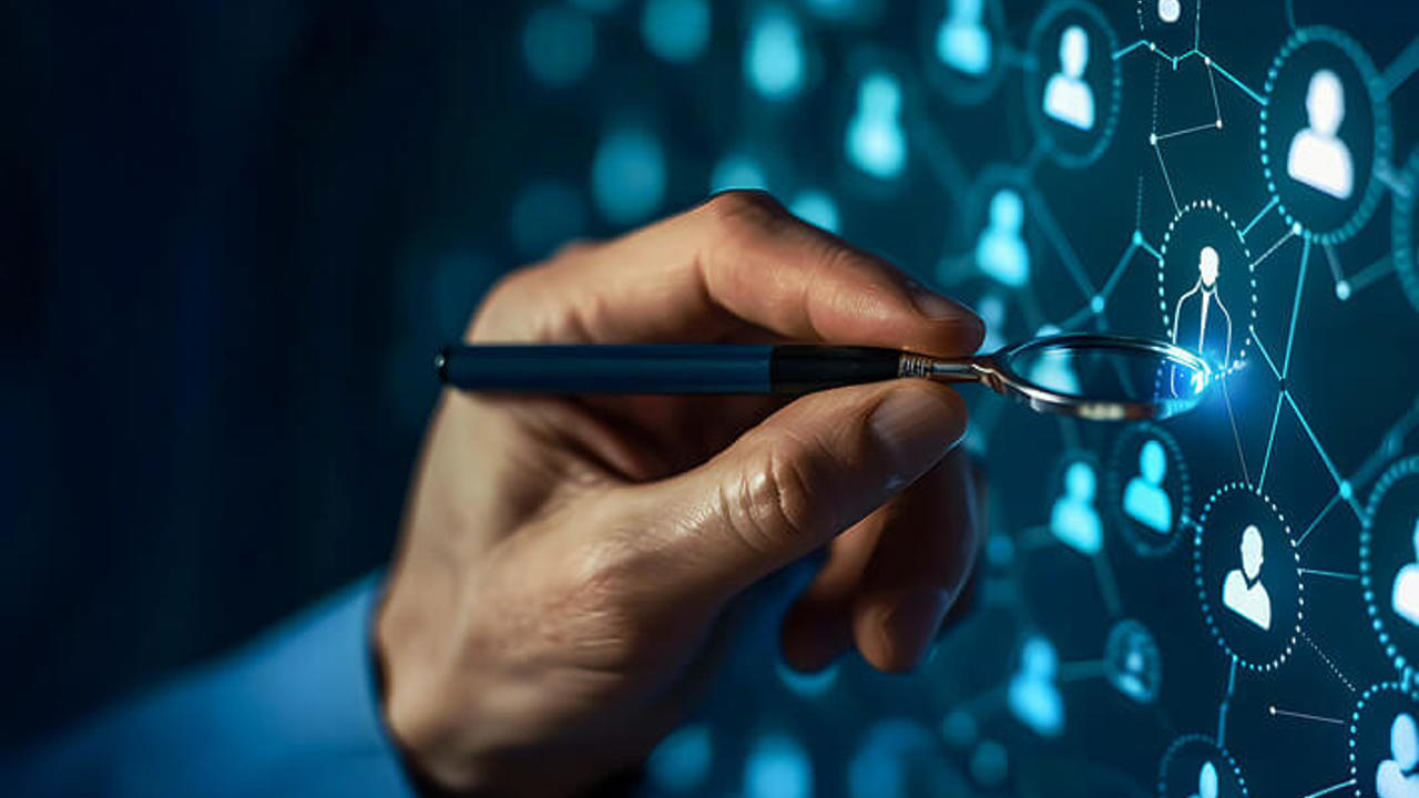 A hand holds a magnifying glass over a digital network display with icons representing people connected by lines, symbolising social or professional networking and data analysis. The background is dark with a blue hue.