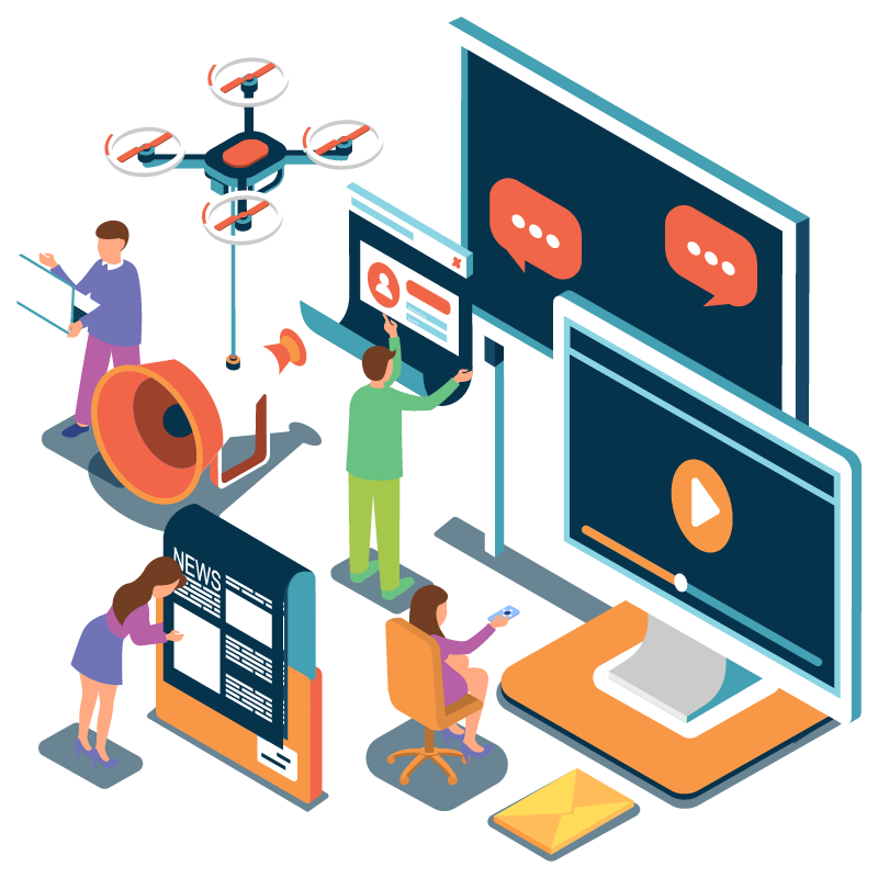 Vector illustration of people using different communication platforms 