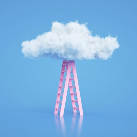 Pink ladder underneath a fluffy white cloud in light blue setting